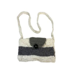 Handmade Crochet Knit Purse Button Closure White & Gray Striped Bag Boho Y2K